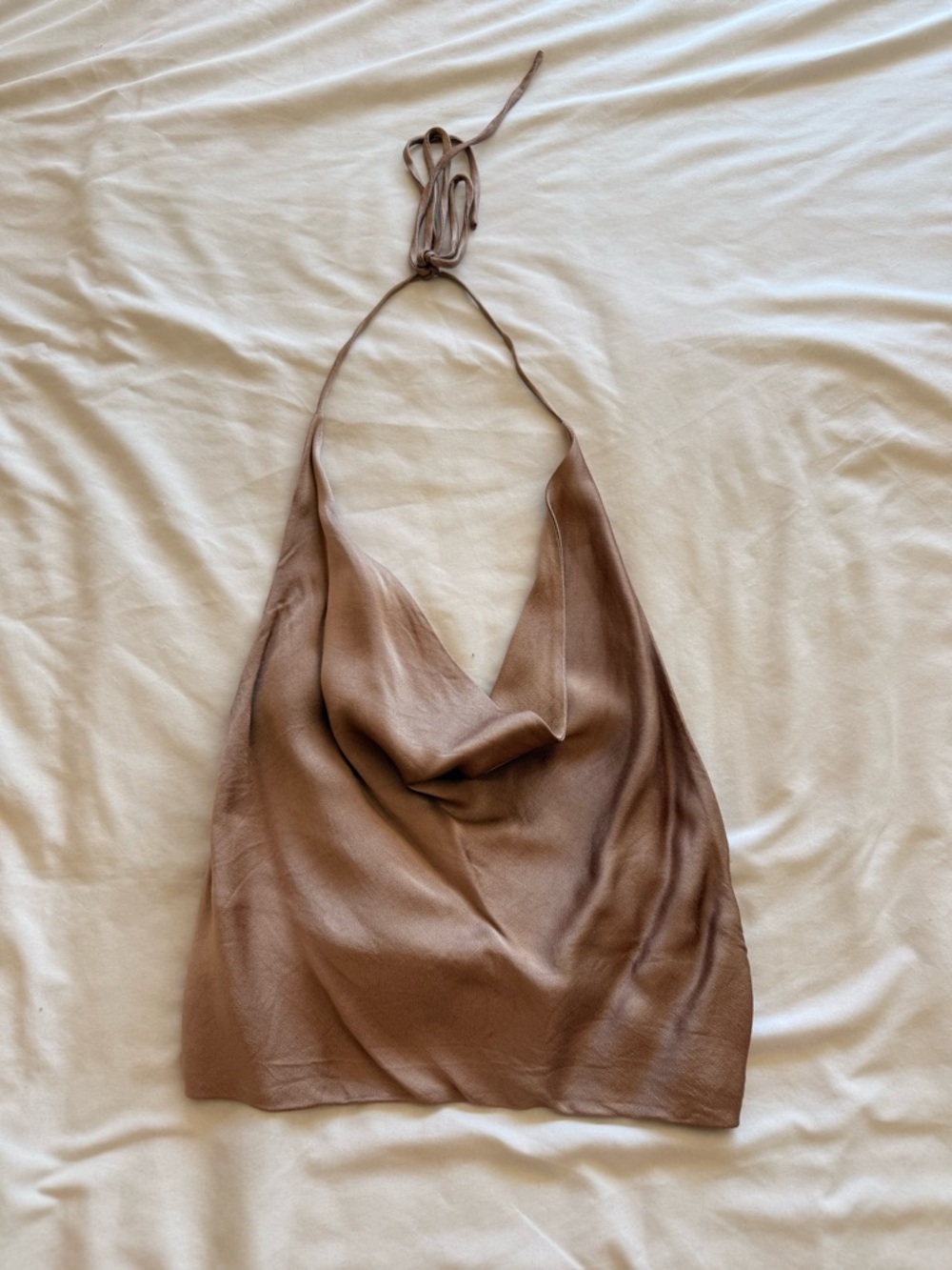 Satin Halter Cowl Neck Tank Top in Champagne